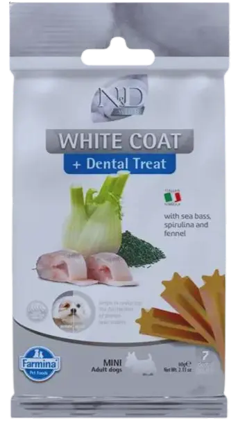 Pamlsok Farmina ND White Dog Sea Bass Fenn Rice Spiru Adult Mini 60g