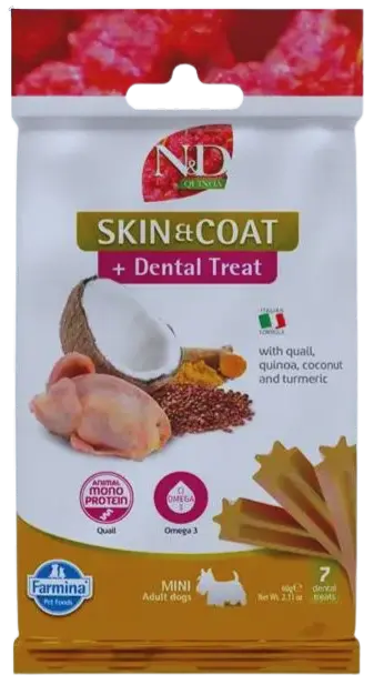 Pamlsok Farmina Quinoa Dog Skin Coat Quail Adult Mini 60g