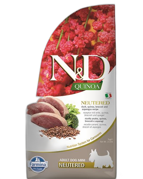 Farmina N&D dog QUINOA (GF) adult mini, neutered, duck, broccoli & asparagus 7 kg