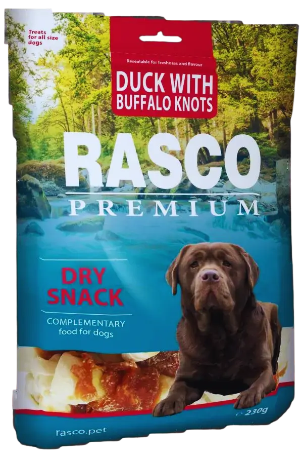 Pochúťka Rasco Premium byvolia koža s kačacím mäsom, uzly 5cm 230g