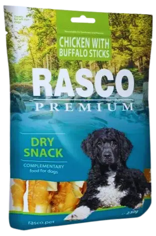 Pochúťka Rasco Premium byvolia koža obalená kuracím mäsom, tyčinky 230g