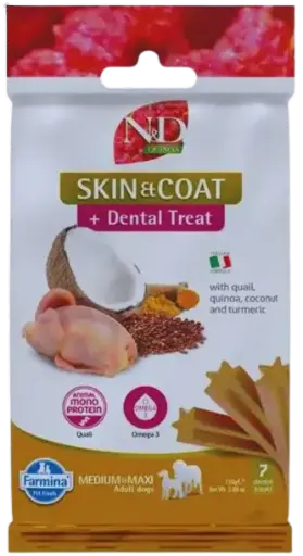 Pamlsok Farmina Quinoa Dog Skin Coat Quail Adult medium & maxi 100g