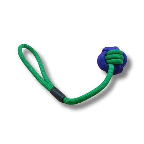 Hračka pre psa stredná - Lano - Lopta na lane - Zelená/Fialová - 44cm Dĺžka
