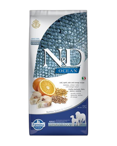 [OBC007321] Farmina N&D dog OCEAN (AG) adult medium & maxi, codfish, spelt, oats & orange 12 kg