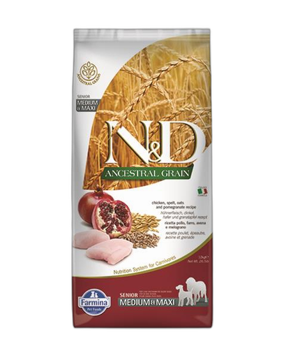 [OBC019159] Farmina N&D dog AG senior medium & maxi, chicken, spelt, oats & pomegranate 12 kg