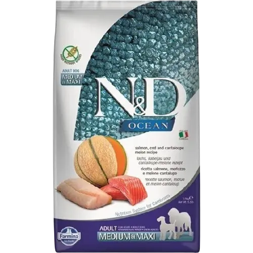 [OBC020088] Farmina N&D dog OCEAN (GF) adult medium & maxi, salmon, cod & cantaloupe melon 12 kg