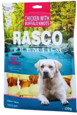 Pochúťka Rasco Premium byvolia koža obalená kuracím mäsom, uzly 6cm 230g